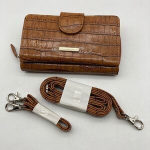 NWT Samantha Brown Italian Cognac Leather Croco Embossed Crossbody Bag/Wristlet
